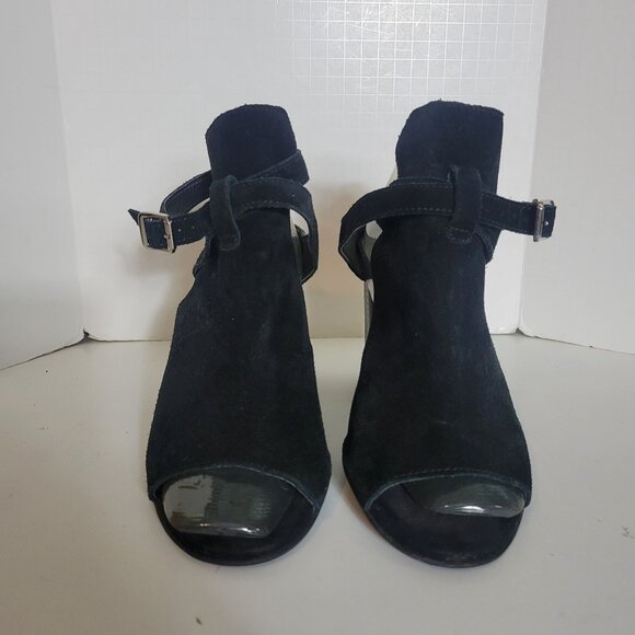 Topshop Black Peep Toe Block Heel Suede Sandals with Ankle Strap & Buckl… - Picture 1 of 10